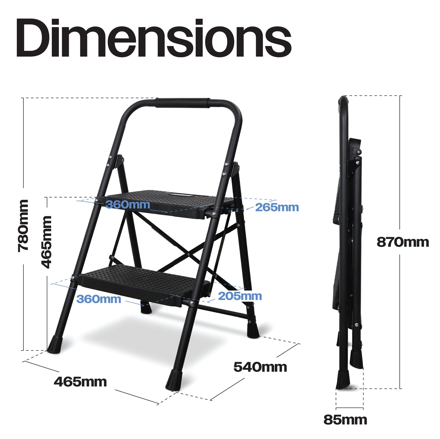 Bestfor Folding 2 Step Stool Ladder, Durable Steel, Non-Slip Feet and Steps, 150kg Capacity