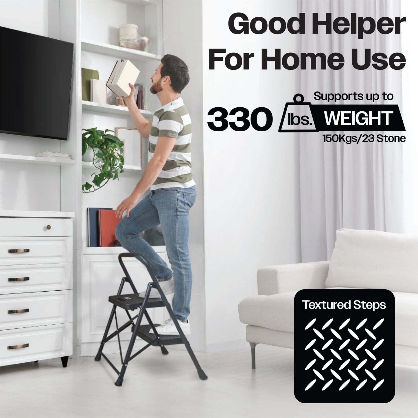 Bestfor Folding 2 Step Stool Ladder, Durable Steel, Non-Slip Feet and Steps, 150kg Capacity
