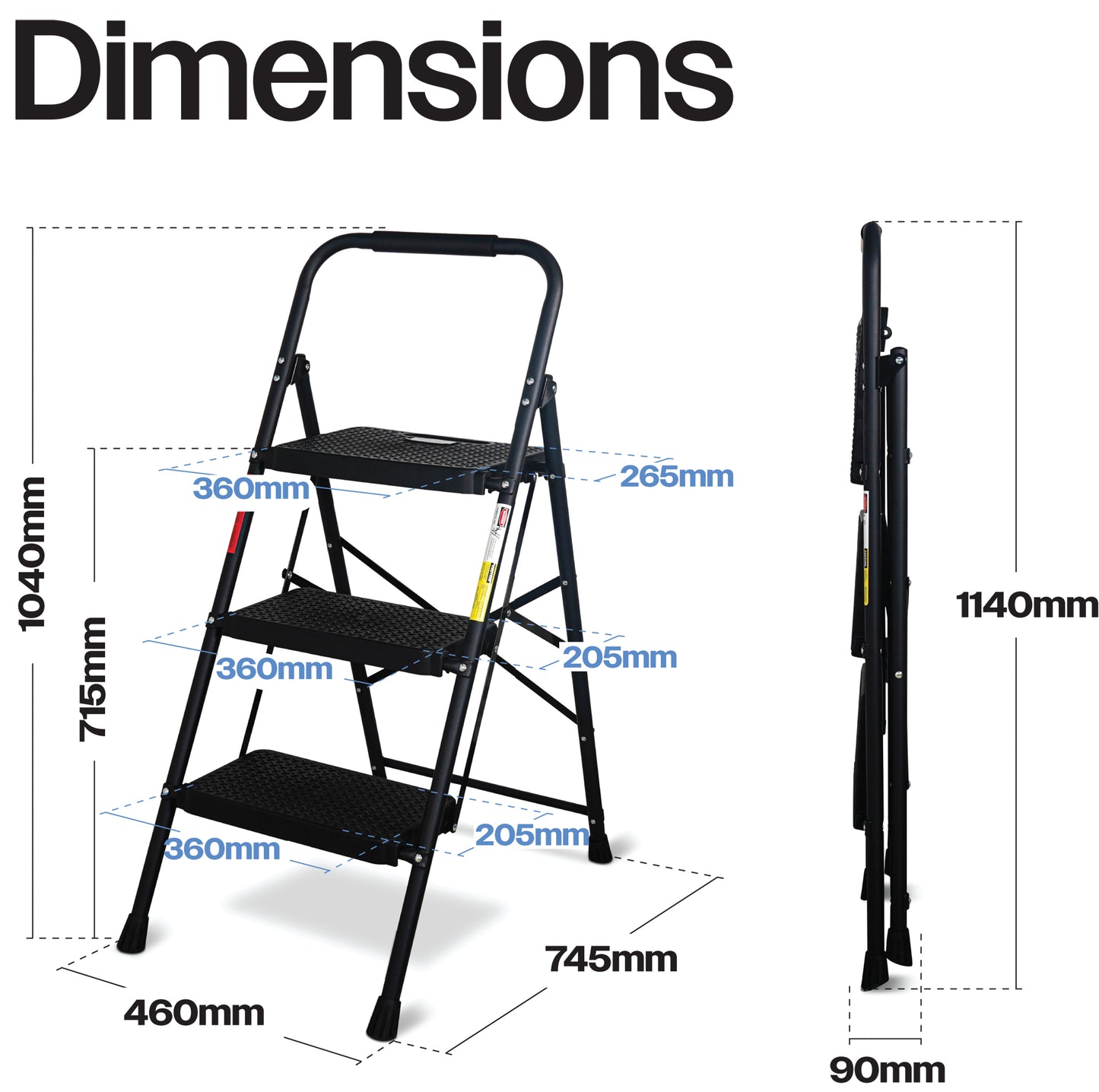 Bestfor Folding 3 Step Stool Ladder, Durable Steel, Non-Slip Feet and Steps, 150kg Capacity