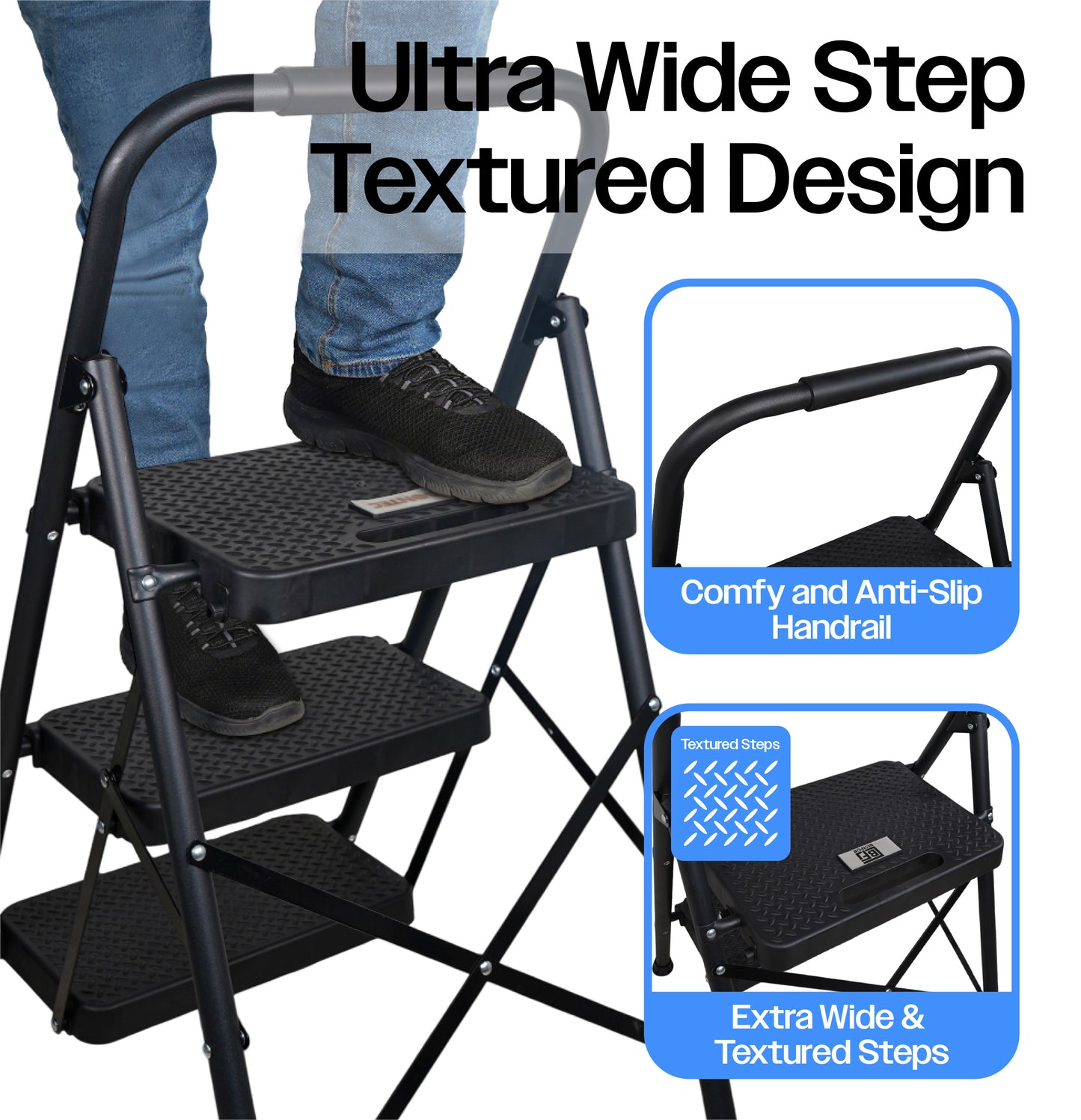Bestfor Folding 3 Step Stool Ladder, Durable Steel, Non-Slip Feet and Steps, 150kg Capacity