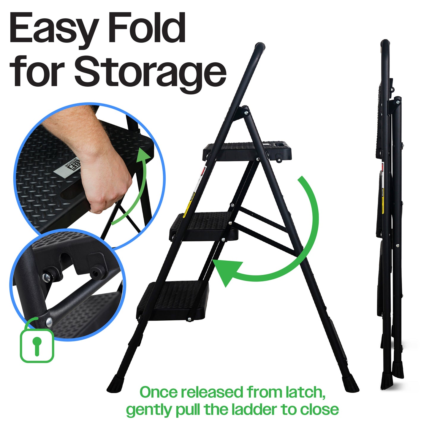 Bestfor Folding 3 Step Stool Ladder, Durable Steel, Non-Slip Feet and Steps, 150kg Capacity