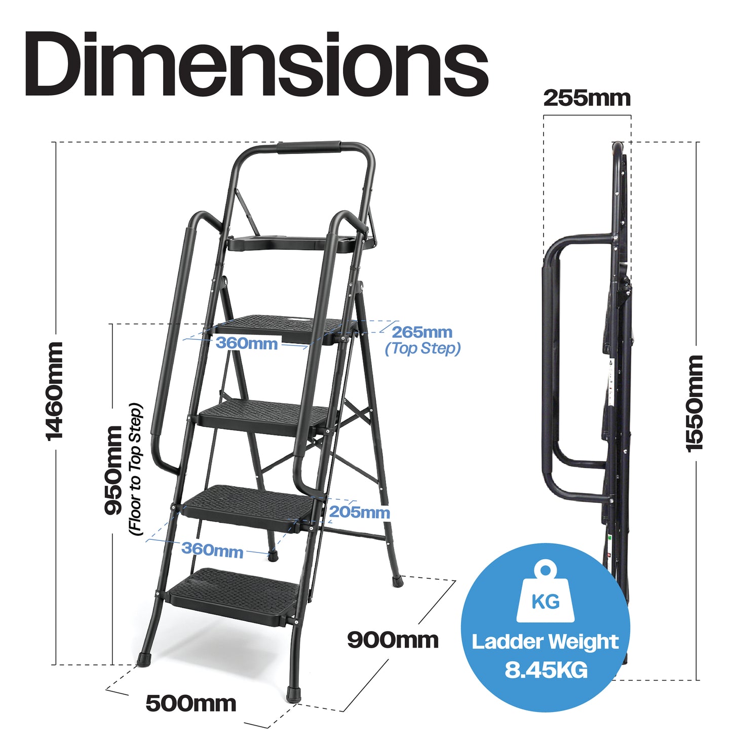 Bestfor 4 Step Ladder with Hand Rails Black