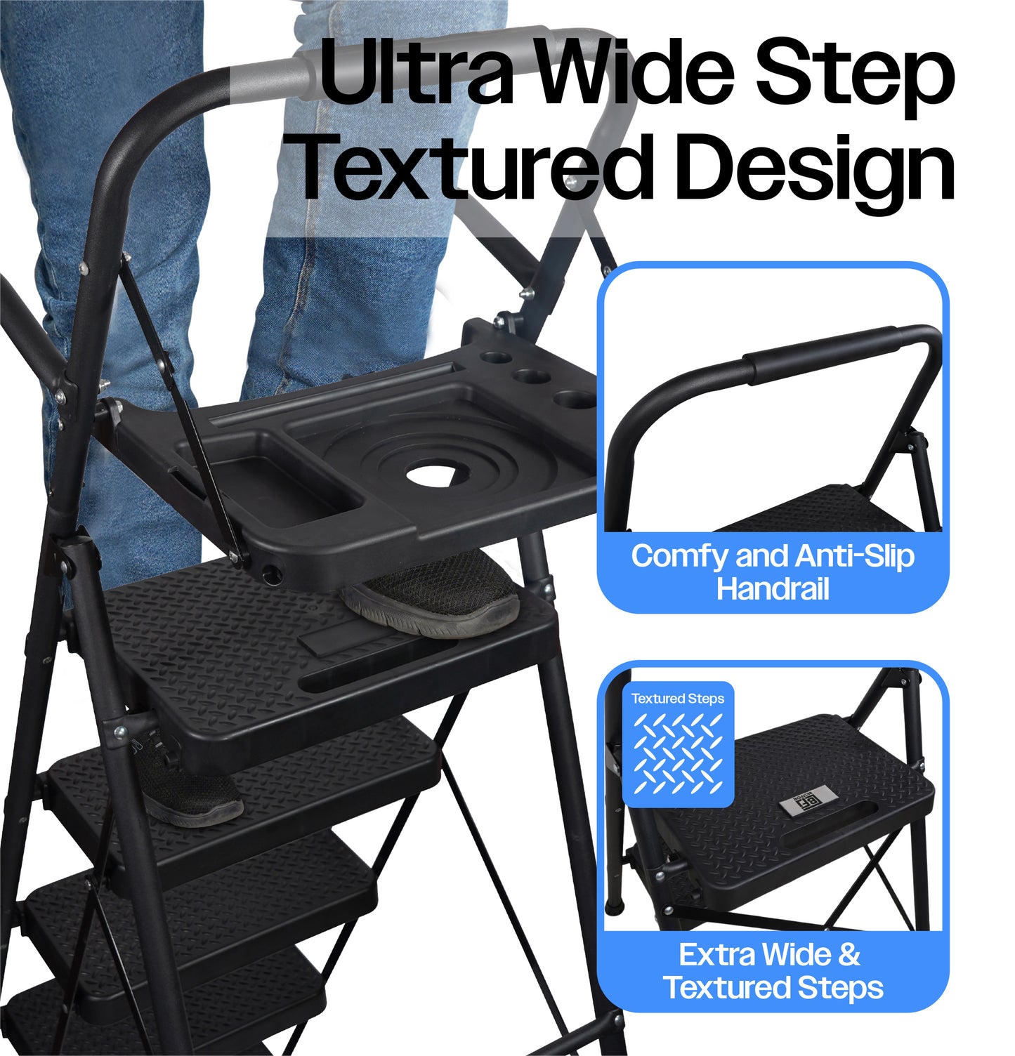 Bestfor 4 Step Ladder with Hand Rails Black
