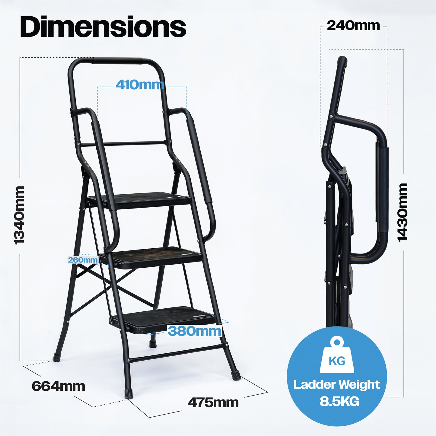 Bestfor 3 Step Ladder with Handrails