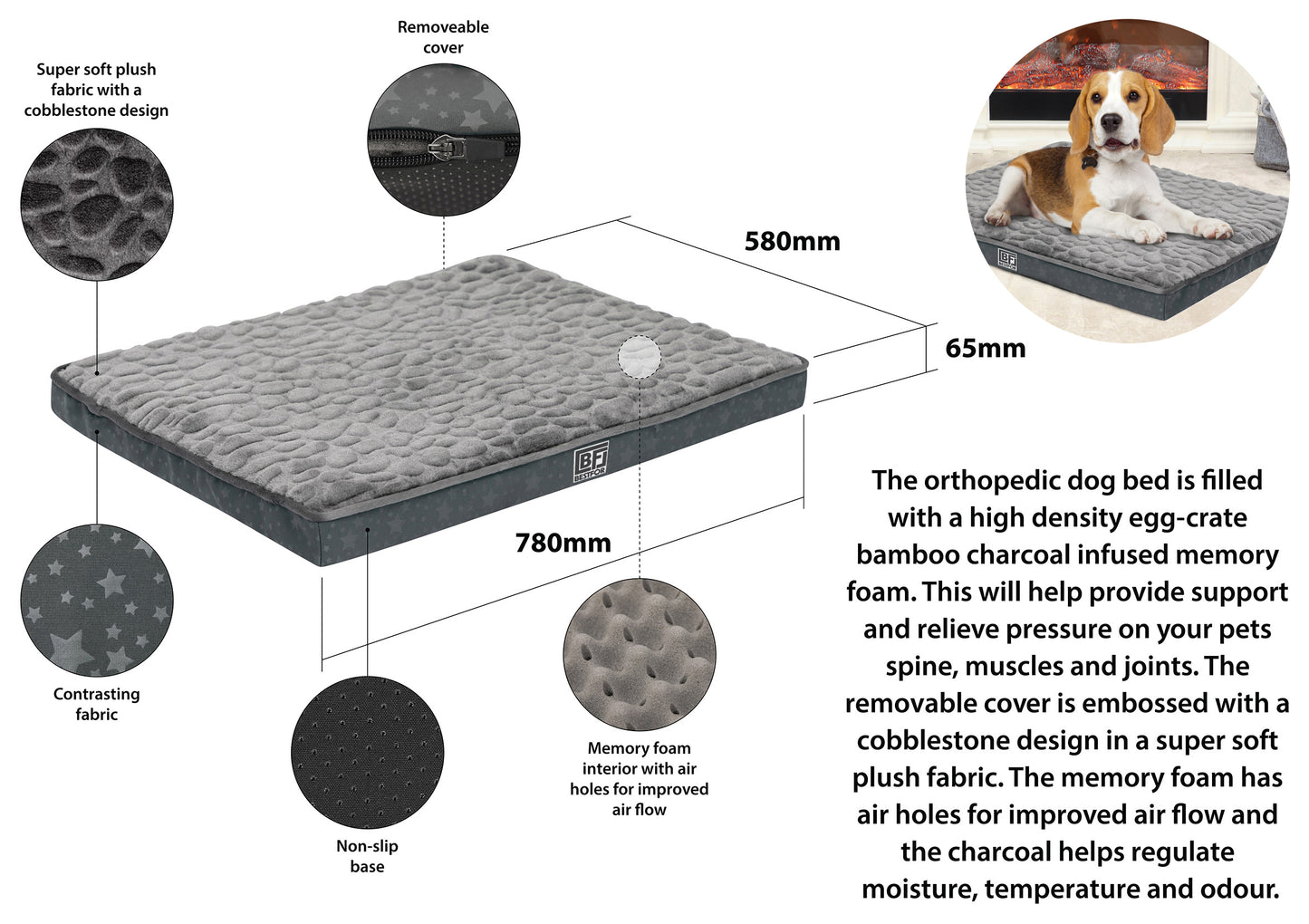 Pet Bed with Egg Crate Bamboo, Medium - Charcoal