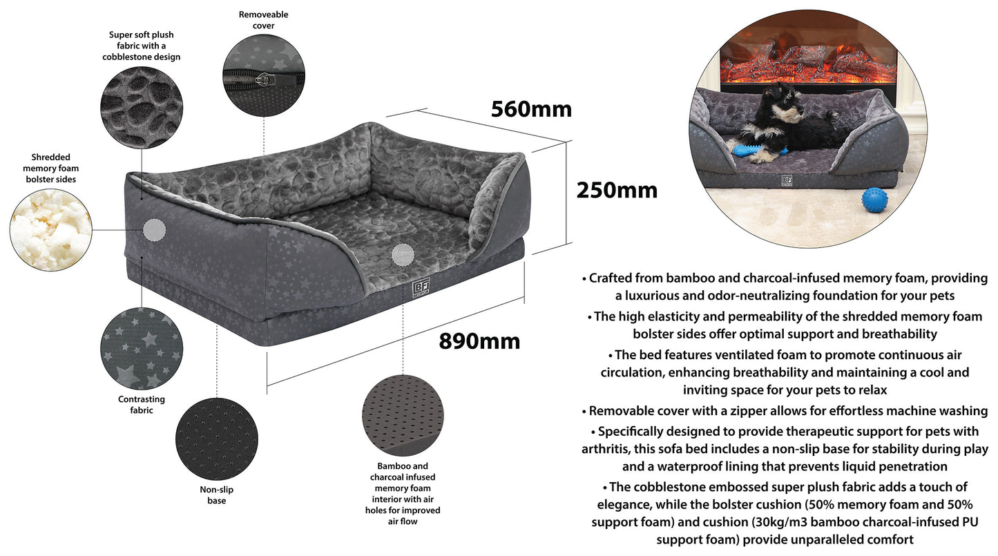 Orthopedic Couch Pet Bed with Egg Crate Bamboo and Memory Foam, Large - Charcoal