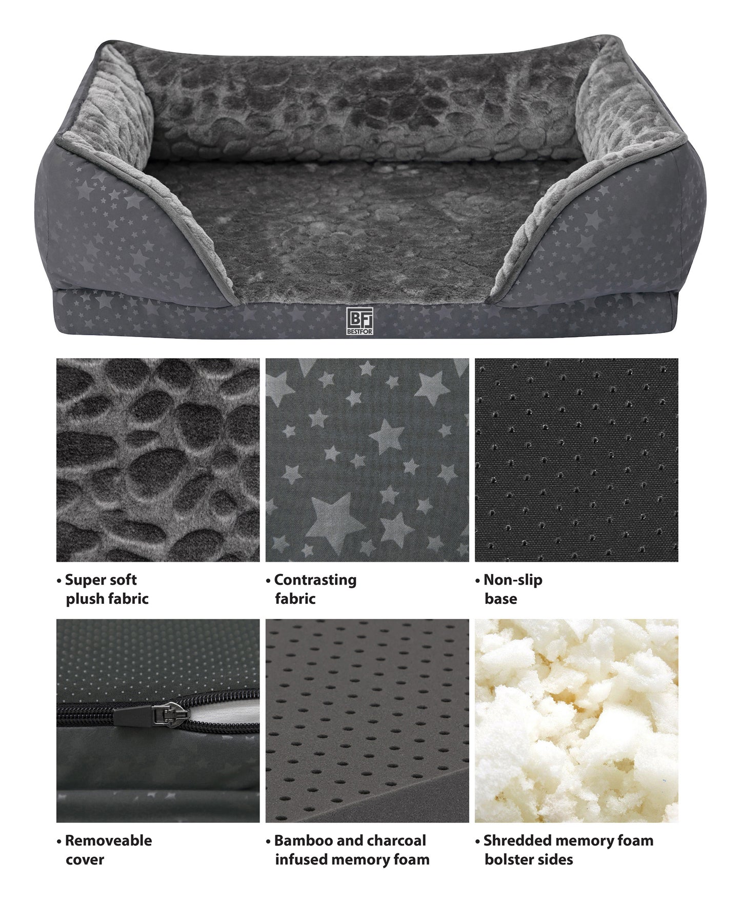 Orthopedic Couch Pet Bed with Egg Crate Bamboo and Memory Foam, Large - Charcoal