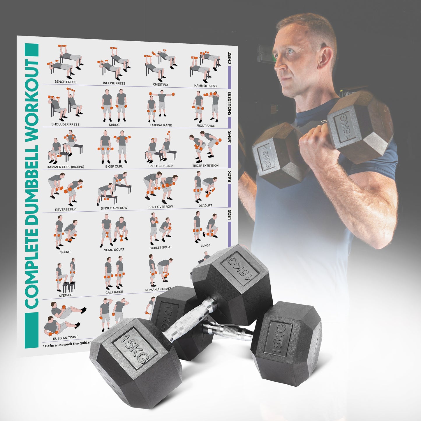 Hex Dumbbell Set - 15kgs