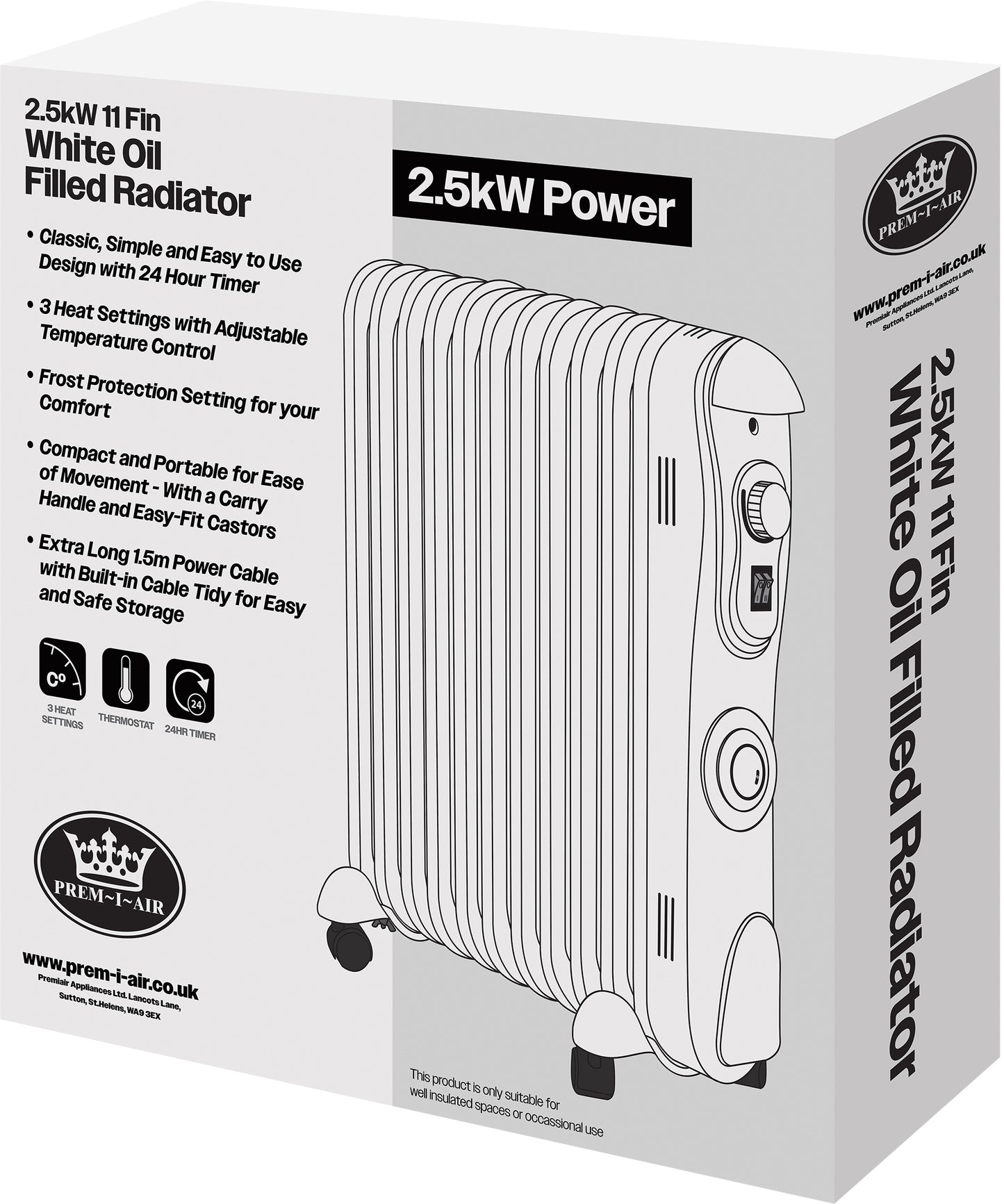 Prem-I-Air 2500W (2.5kW) Oil-Filled Radiator – 11-Fin Electric Heater with Adjustable Thermostat, 3 Heat Settings & 24hr Timer