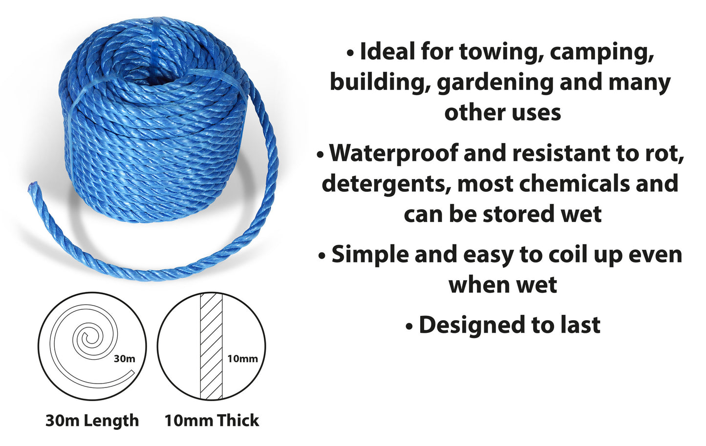 3 Strand 10mm Nylon Rope Blue 30m