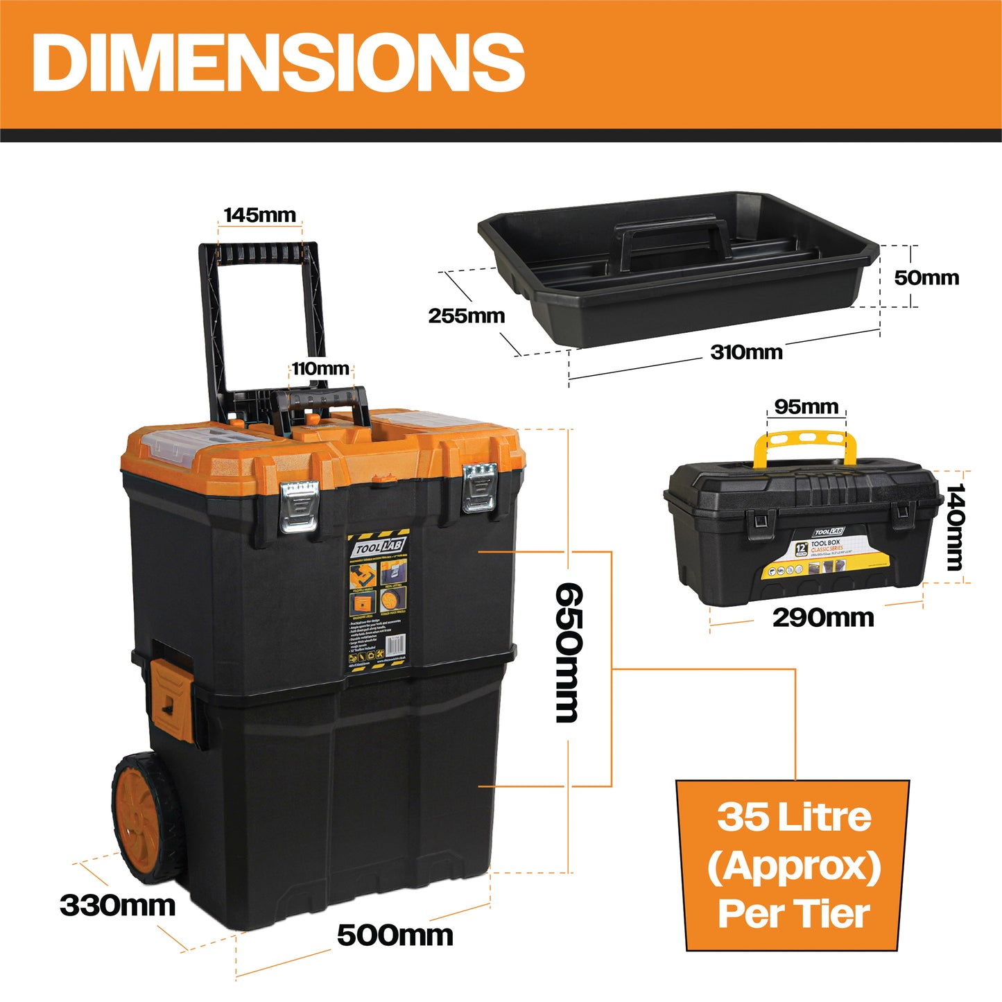 Tool Lab Mobile (Double-Decker) Tool Box With 12 Inch Plastic Toolbox Set
