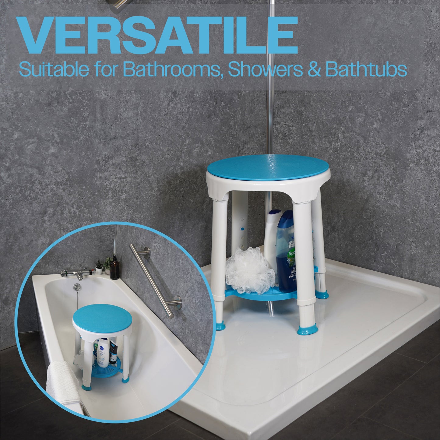 Lightweight Shower Stool with Rotating Seat and Removable Tray