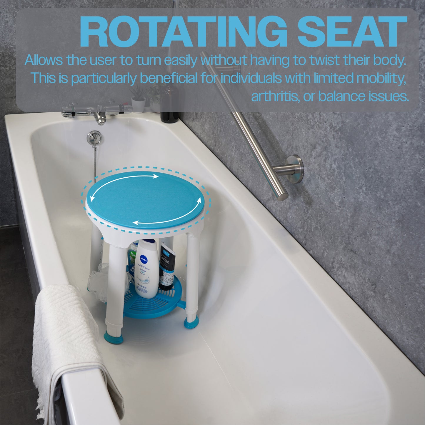 Lightweight Shower Stool with Rotating Seat and Removable Tray