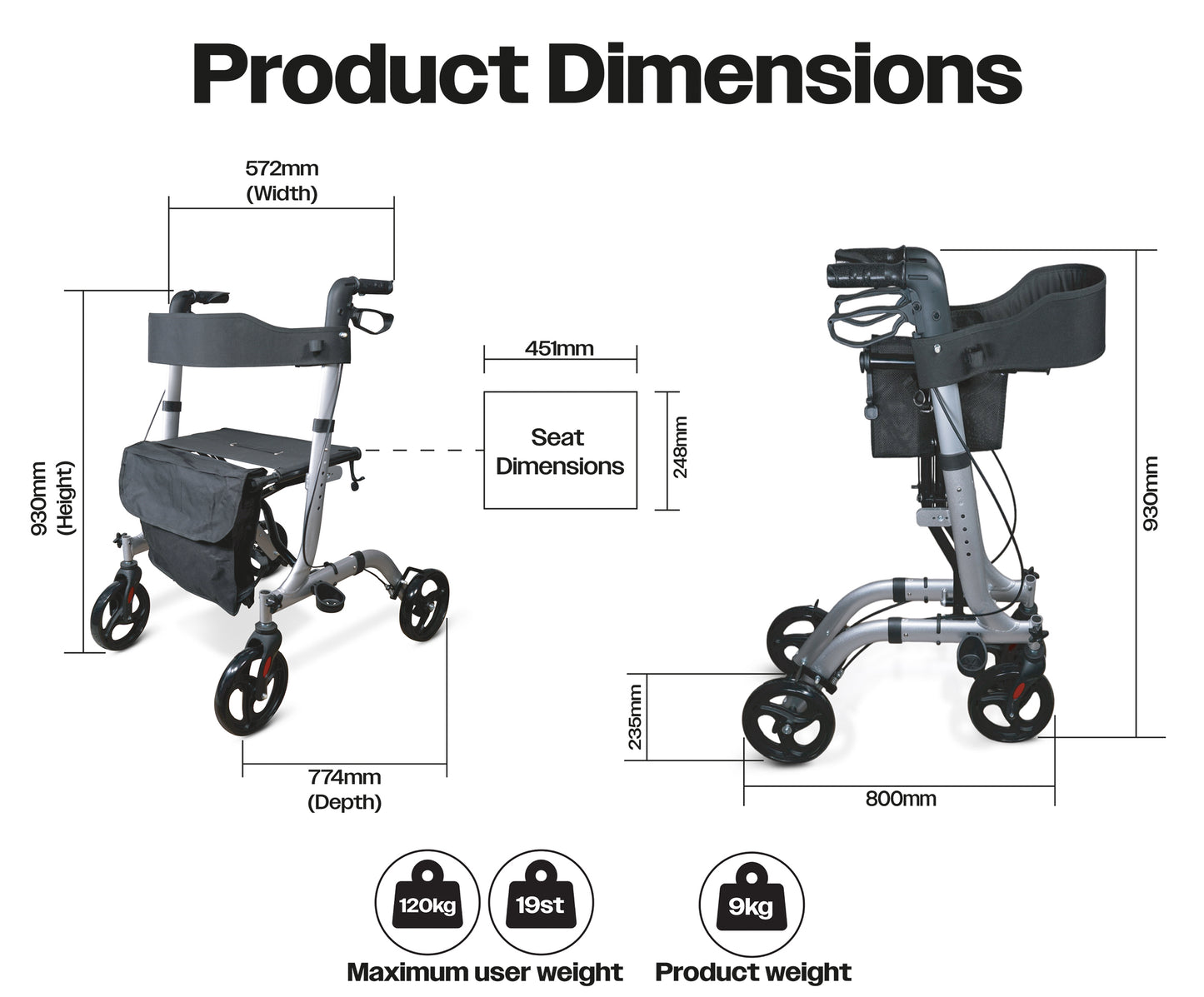 Lightweight Aluminium Rollator with Seat, Backrest & Bag – Adjustable Height, Folding 4-Wheel Walker (8.95kg)