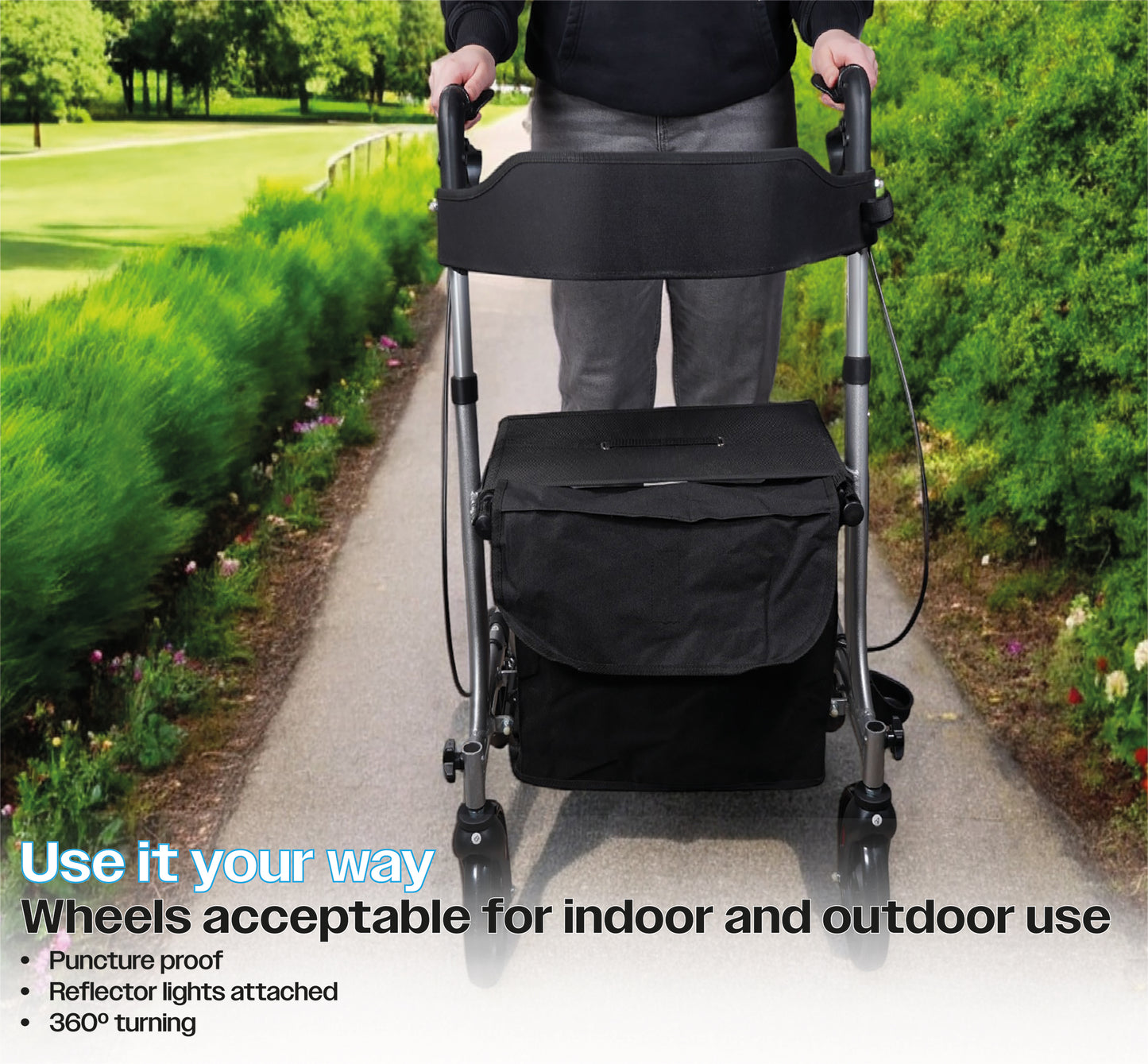 Lightweight Aluminium Rollator with Seat, Backrest & Bag – Adjustable Height, Folding 4-Wheel Walker (8.95kg)