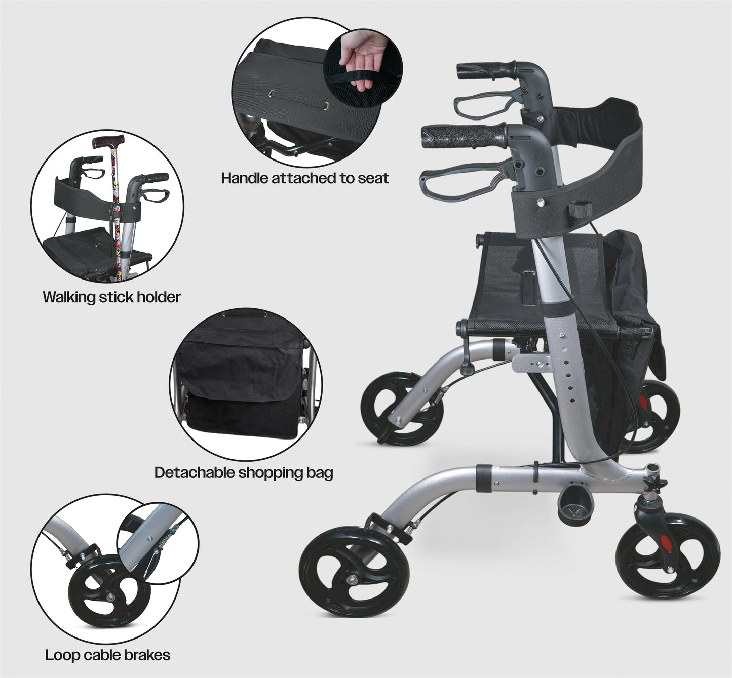 Lightweight Aluminium Rollator with Seat, Backrest & Bag – Adjustable Height, Folding 4-Wheel Walker (8.95kg)