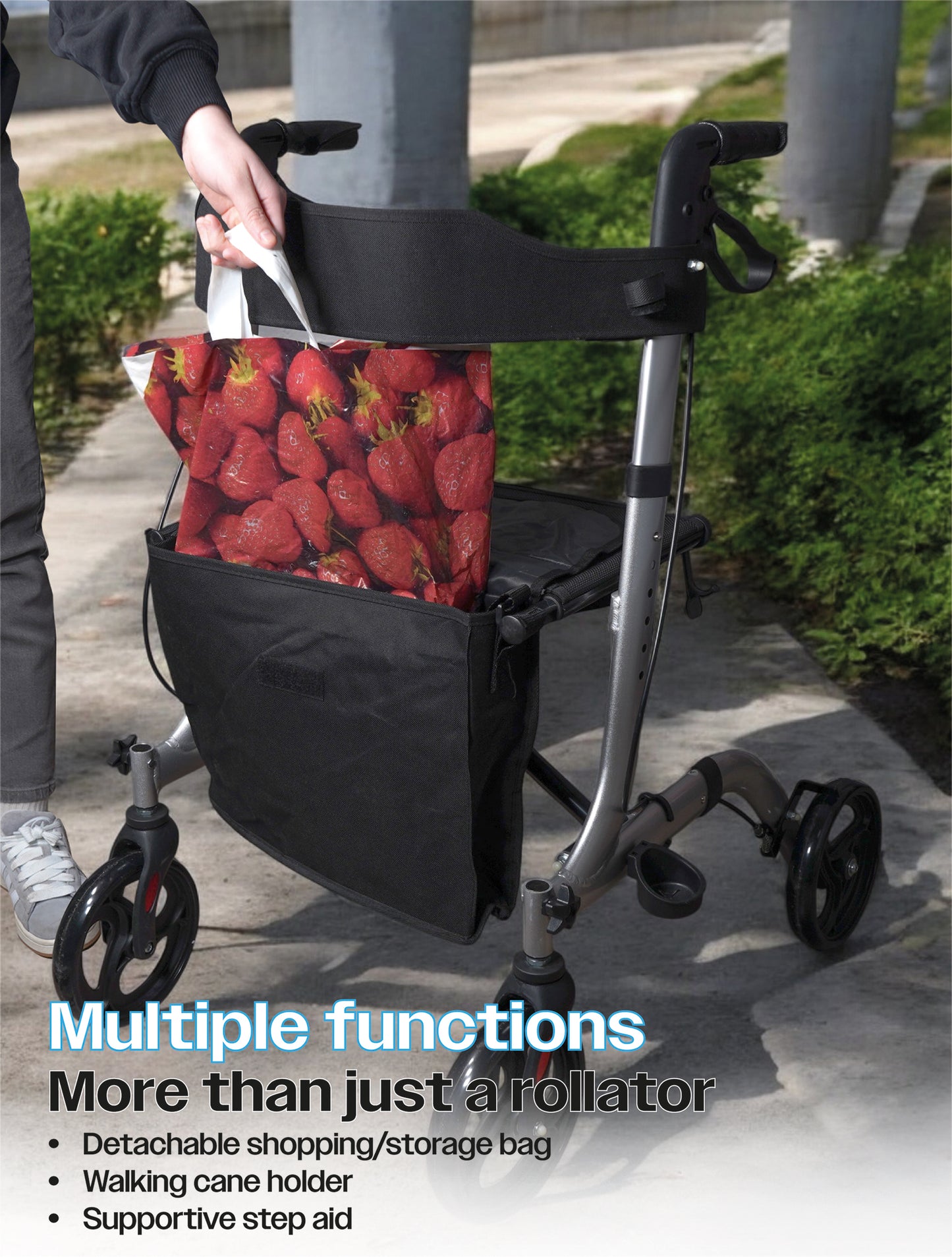 Lightweight Aluminium Rollator with Seat, Backrest & Bag – Adjustable Height, Folding 4-Wheel Walker (8.95kg)