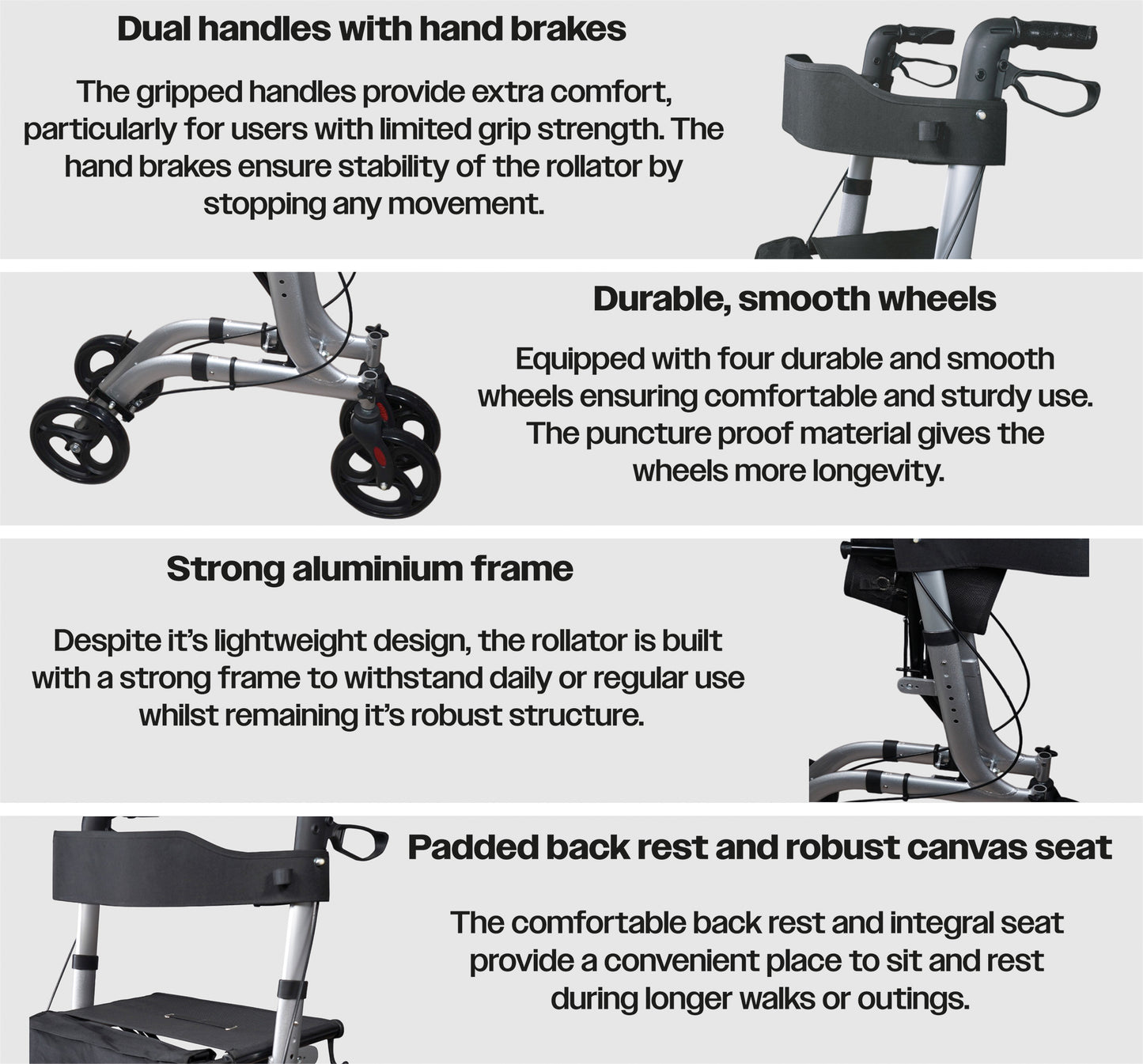 Lightweight Aluminium Rollator with Seat, Backrest & Bag – Adjustable Height, Folding 4-Wheel Walker (8.95kg)