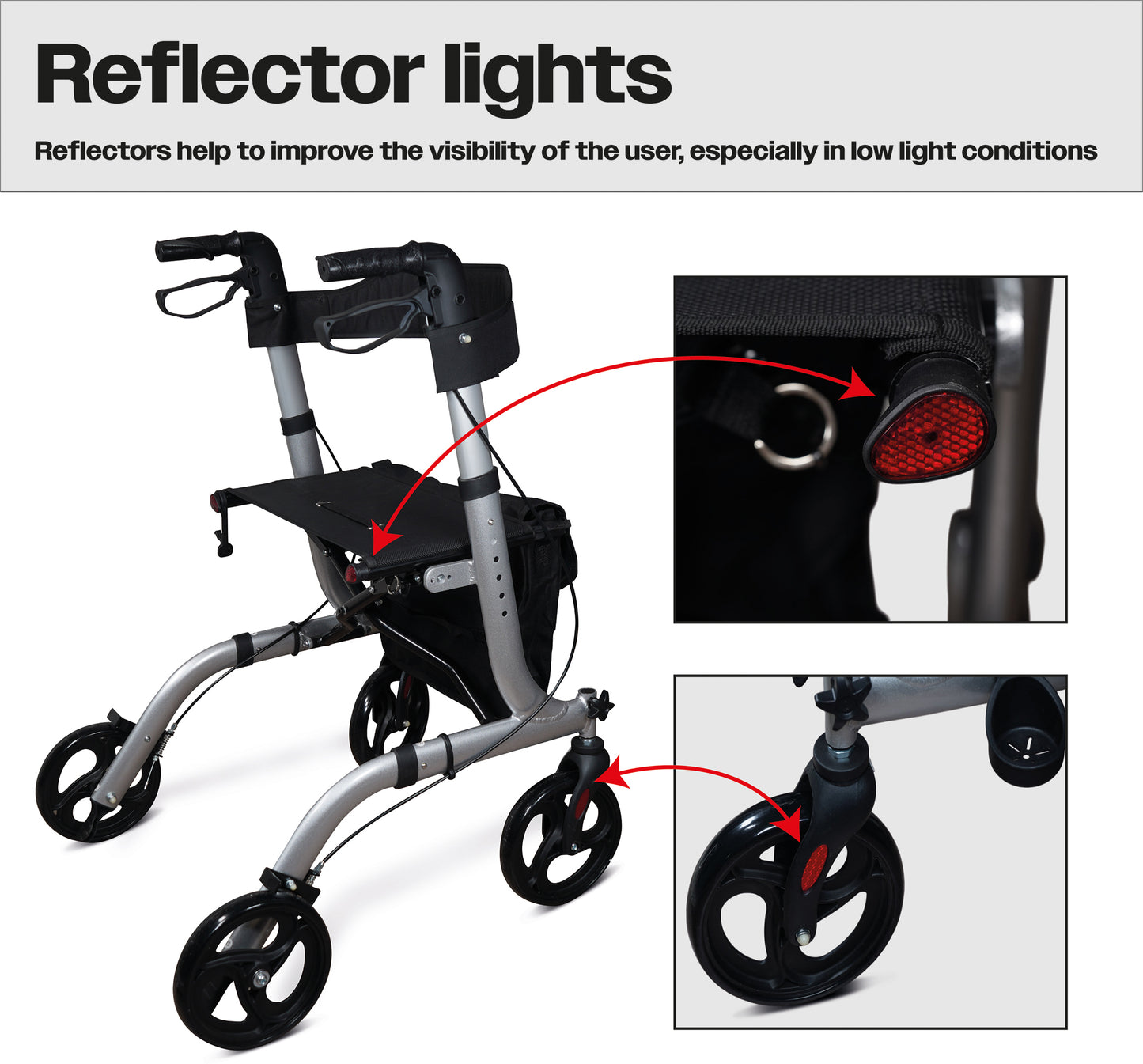 Lightweight Aluminium Rollator with Seat, Backrest & Bag – Adjustable Height, Folding 4-Wheel Walker (8.95kg)
