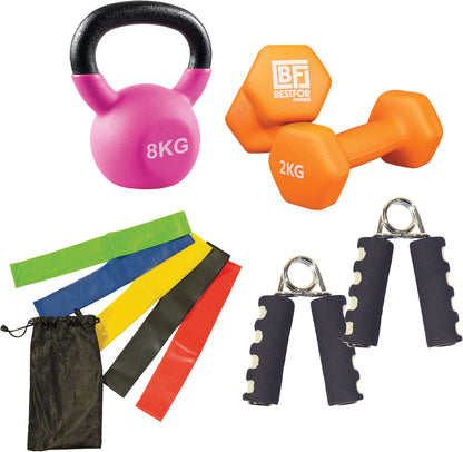 Fitness Kit - Comprising a set of resistance loop bands, pair of hand grips, pair of 2kg neoprene dumbbells and 8kg kettlebell