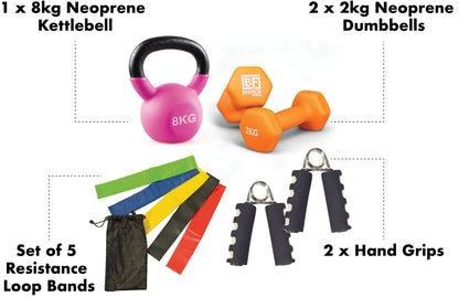 Fitness Kit - Comprising a set of resistance loop bands, pair of hand grips, pair of 2kg neoprene dumbbells and 8kg kettlebell