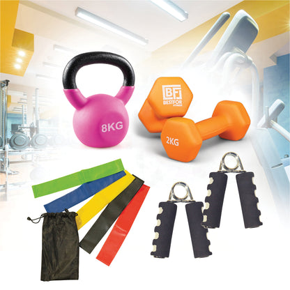 Fitness Kit - Comprising a set of resistance loop bands, pair of hand grips, pair of 2kg neoprene dumbbells and 8kg kettlebell