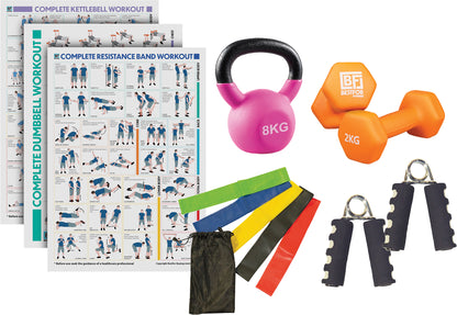 Fitness Kit - Comprising a set of resistance loop bands, pair of hand grips, pair of 2kg neoprene dumbbells and 8kg kettlebell