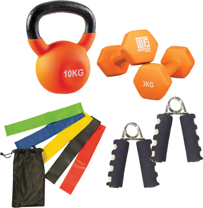 Fitness Kit - Comprising a set of resistance loop bands, pair of hand grips, pair of 3kg neoprene dumbbells and 10kg kettlebell