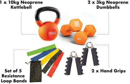 Fitness Kit - Comprising a set of resistance loop bands, pair of hand grips, pair of 3kg neoprene dumbbells and 10kg kettlebell