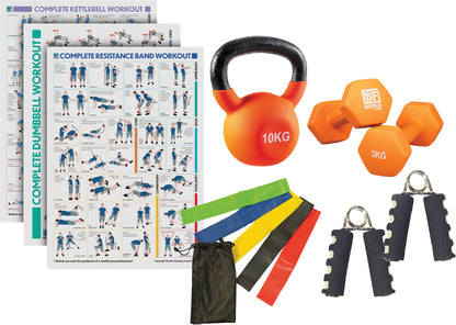 Fitness Kit - Comprising a set of resistance loop bands, pair of hand grips, pair of 3kg neoprene dumbbells and 10kg kettlebell