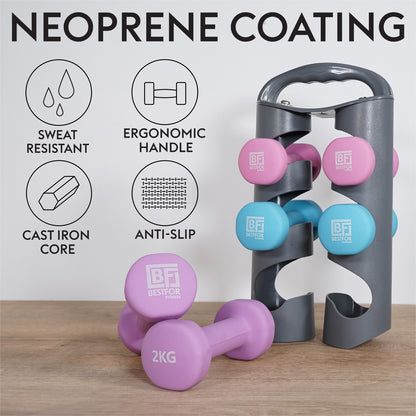 Bestfor Neoprene Hexagonal Dumbbell Set (9kg) with Multi Positional Rack