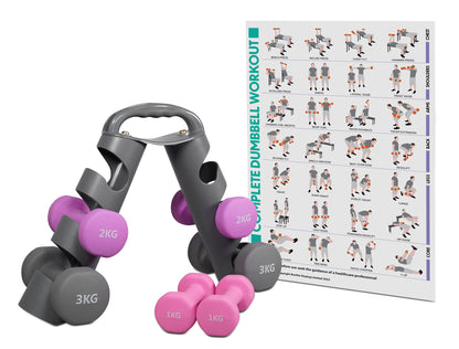 Bestfor Neoprene Hexagonal Dumbbell Set (12kg) with Multi Positional Rack