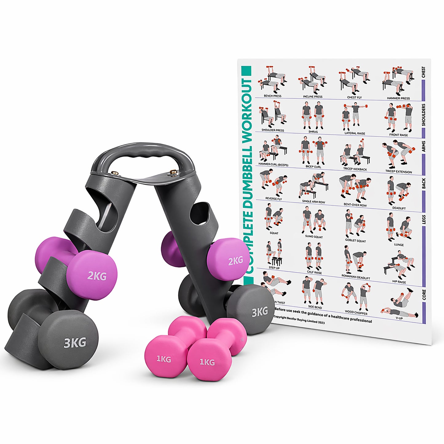 Bestfor Neoprene Hexagonal Dumbbell Set (12kg) with Multi Positional Rack