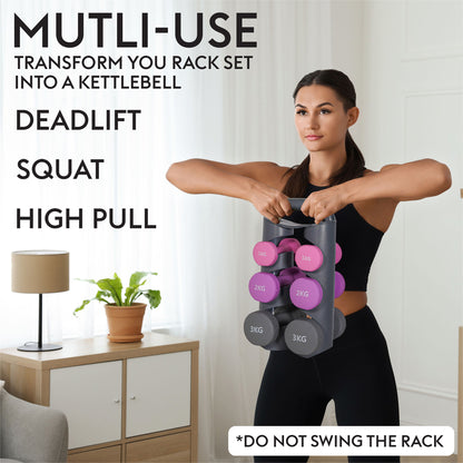 Bestfor Neoprene Hexagonal Dumbbell Set (12kg) with Multi Positional Rack