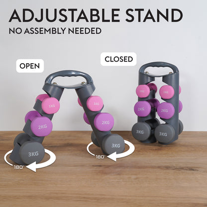 Bestfor Neoprene Hexagonal Dumbbell Set (12kg) with Multi Positional Rack