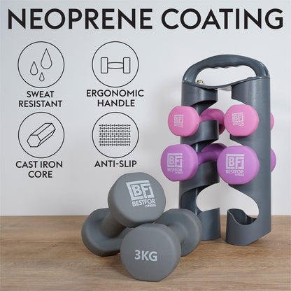 Bestfor Neoprene Hexagonal Dumbbell Set (12kg) with Multi Positional Rack