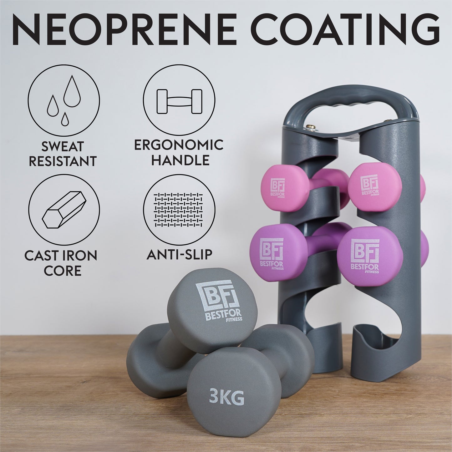 Bestfor Neoprene Hexagonal Dumbbell Set (12kg) with Multi Positional Rack