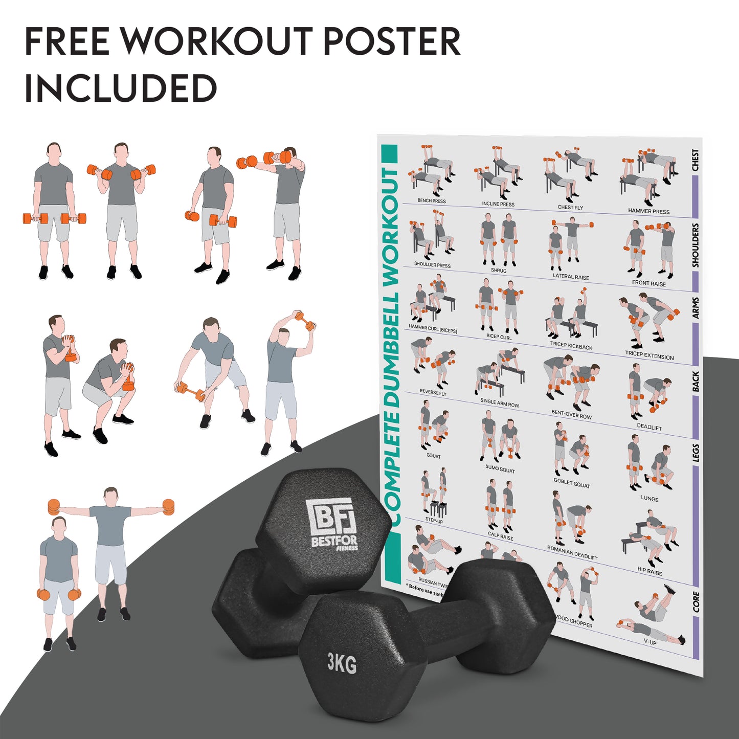 Bestfor 3kg Hex Neoprene Dumbbell Set (Pair)