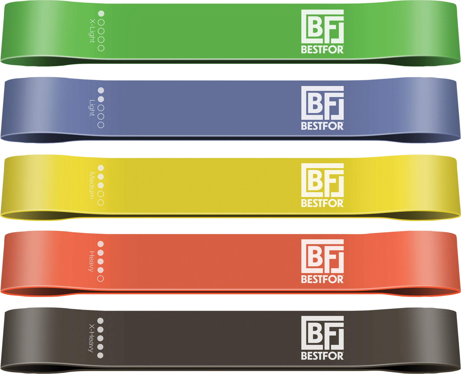Set of resistance bands in various colors with 'BF Bestfor' branding.