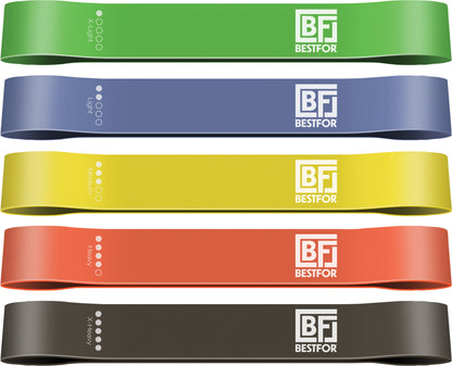 Set of resistance bands in various colors with 'BF Bestfor' branding.