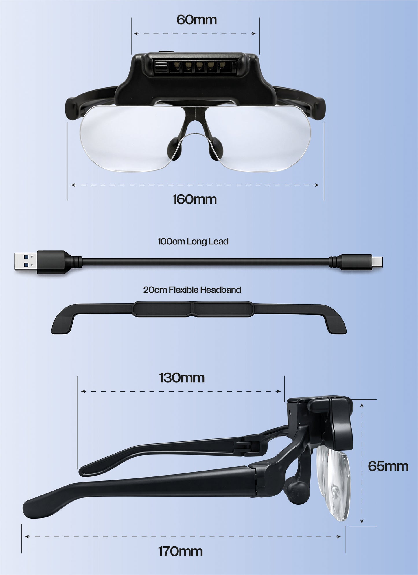 LED Head Mount Magnifier Glasses with 4 Detachable Lenses