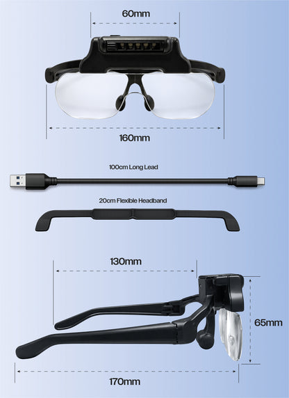 LED Head Mount Magnifier Glasses with 4 Detachable Lenses