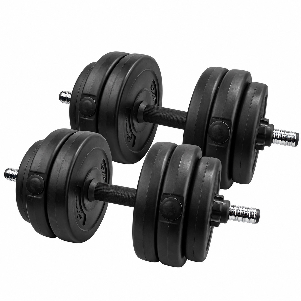 Two adjustable dumbbells with black weight plates and silver metal handles, shown on a plain white background.