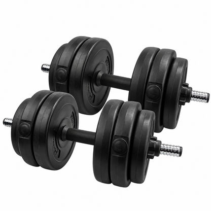 Two adjustable dumbbells with black weight plates and silver metal handles, shown on a plain white background.