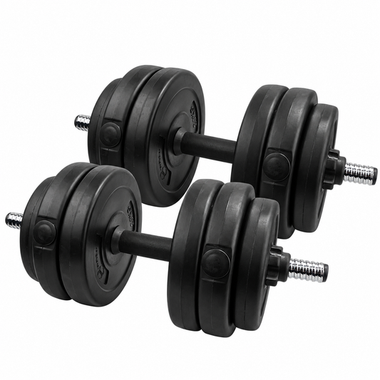 Two adjustable dumbbells with black weight plates and silver metal handles, shown on a plain white background.