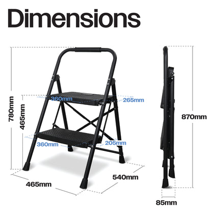 Bestfor Folding 2 Step Stool Ladder, Durable Steel, Non-Slip Feet and Steps, 150kg Capacity