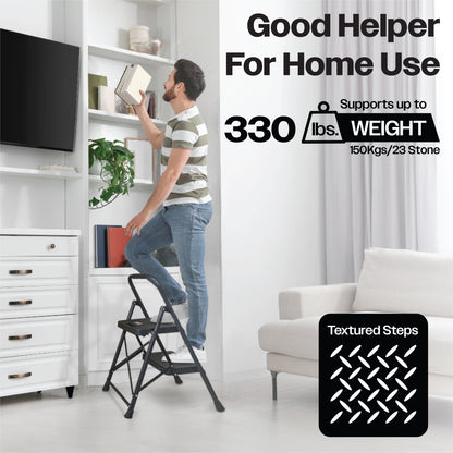 Bestfor Folding 2 Step Stool Ladder, Durable Steel, Non-Slip Feet and Steps, 150kg Capacity