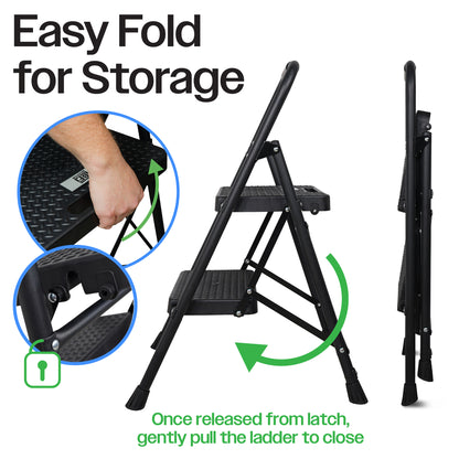 Bestfor Folding 2 Step Stool Ladder, Durable Steel, Non-Slip Feet and Steps, 150kg Capacity