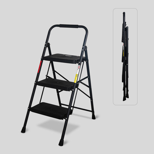 Bestfor Folding 3 Step Stool Ladder, Durable Steel, Non-Slip Feet and Steps, 150kg Capacity