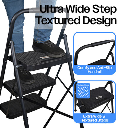 Bestfor Folding 3 Step Stool Ladder, Durable Steel, Non-Slip Feet and Steps, 150kg Capacity